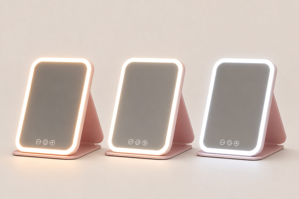 Miroir de Maquillage LED Pliable Rose — Touch & Recharge USB