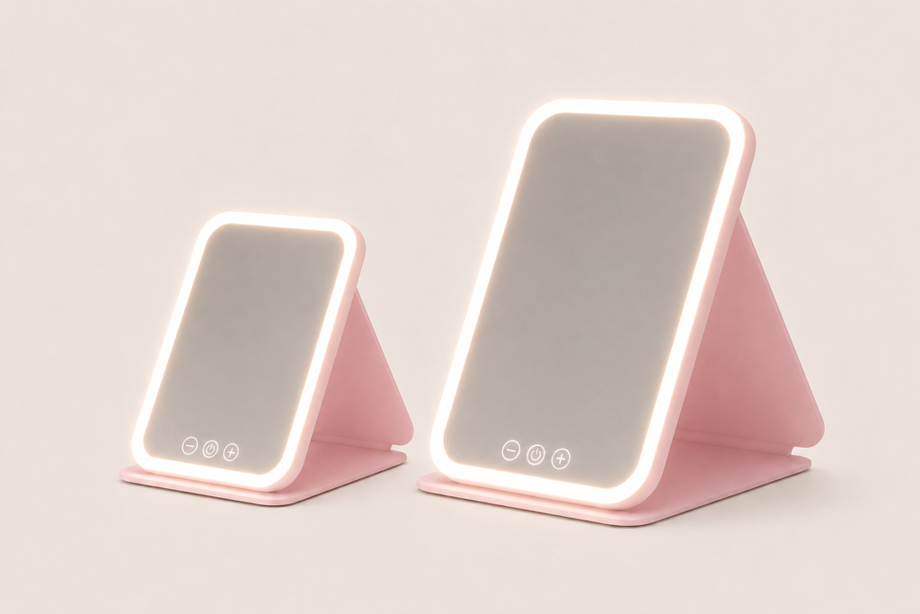 Miroir de Maquillage LED Pliable Rose — Touch & Recharge USB