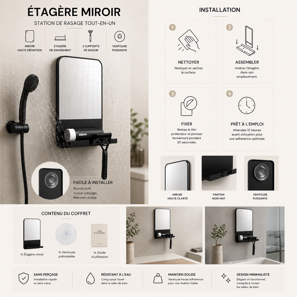 Miroir de Douche Antibuée — Étagère Rasage Intégrée