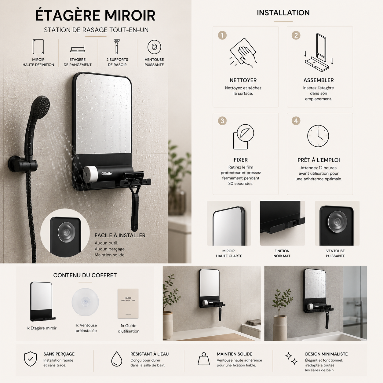 Miroir de Douche Antibuée — Étagère Rasage Intégrée