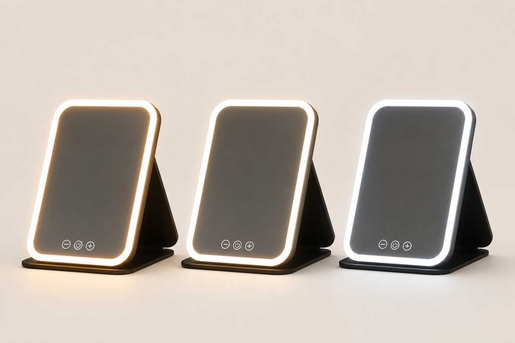 Miroir de Maquillage LED Pliable Noir — Touch & Recharge USB
